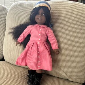 American Girl Doll in Pink Striped Dress with Blue Hat